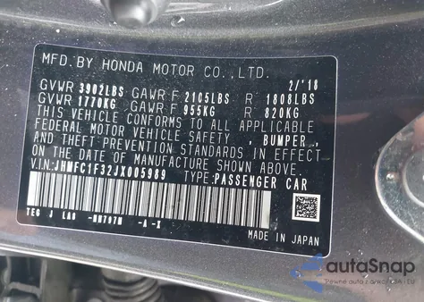 2018 Honda Civic Ex-T from USA, damaged, VIN JHMFC1F32JX005989